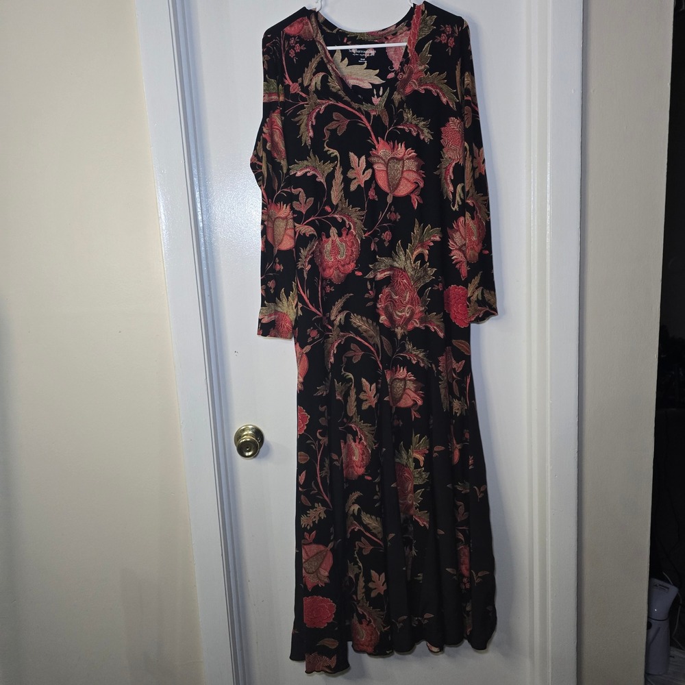 Soft Surroundings Floral Print Long Sleeve Midi‎ Dress Black Red Size Small